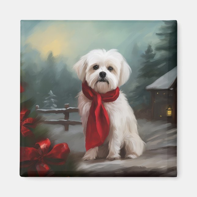 Aimant Chien maltais dans la neige de Noël (Devant)