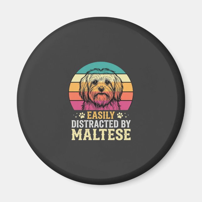 Aimant Chien maltais rétro coucher de soleil distrait (Devant)