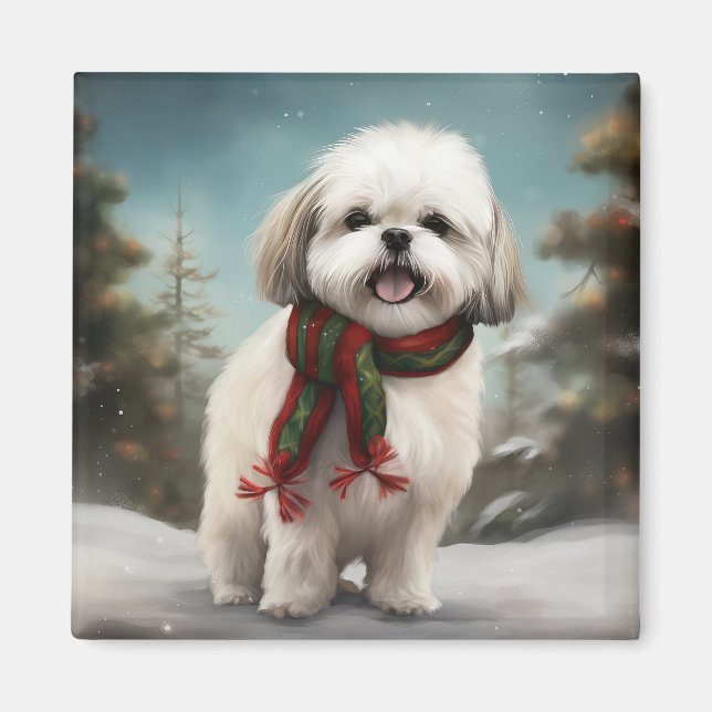 Aimant Chien Malti Tzu à Noël de neige (Devant)