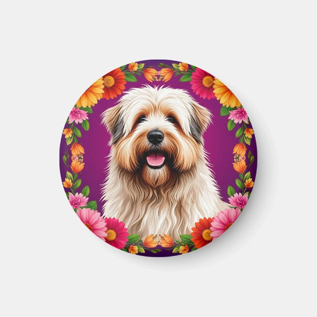 Aimant Chien mignon et duveteux avec des fleurs (Devant)