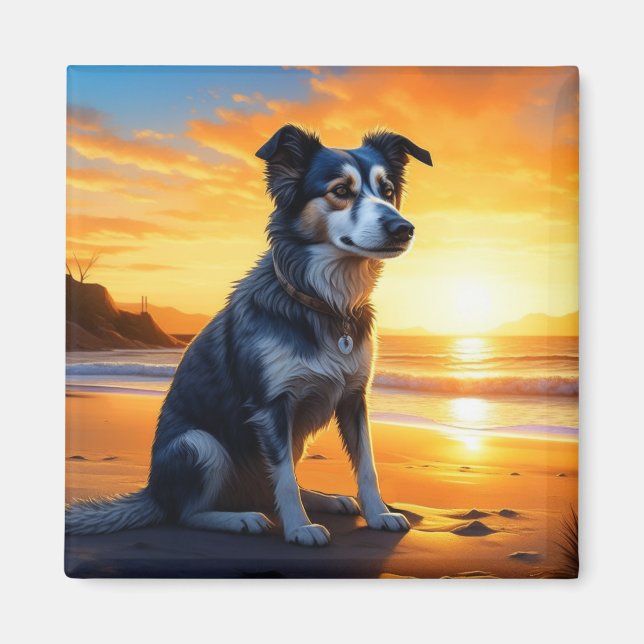Aimant Chien mignon sur la plage au coucher du soleil (Devant)