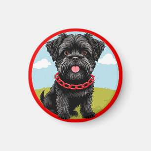 Aimant Chien noir mignon avec collier rouge dans le style
