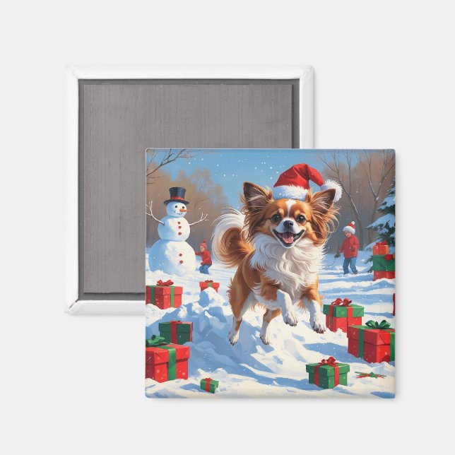 Aimant Chien Papillon courant dans la neige avec un chape (Recto/Verso)