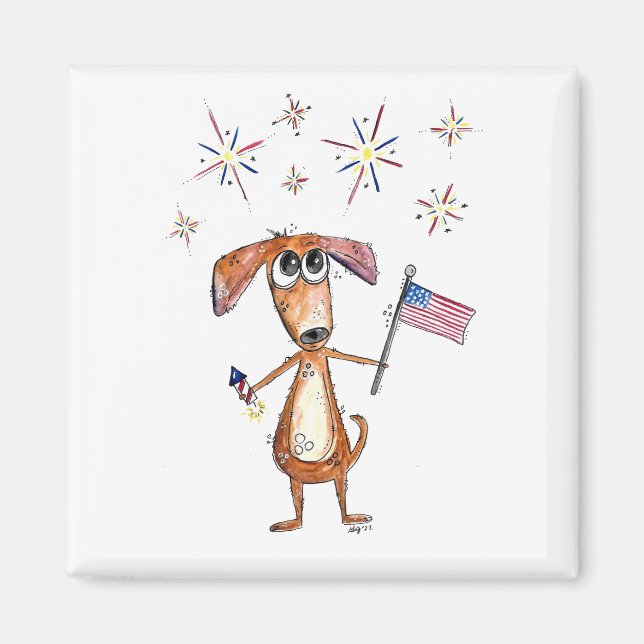 Aimant Chien patriote fantaisiste mignon avec drapeau (Devant)