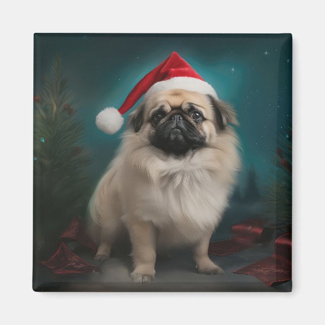 Aimant Chien pekingese pendant Noël de neige (Devant)