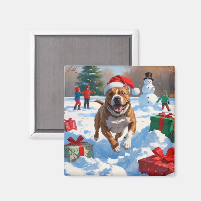 Aimant Chien Pitbull courant dans la neige avec un chapea (Recto/Verso)