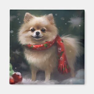 Aimant Chien Poméranie dans la neige de Noël