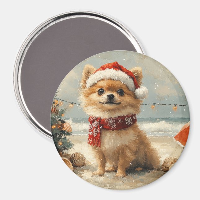 Aimant Chien Poméranie Noël Vintage Plage (Recto/Verso)