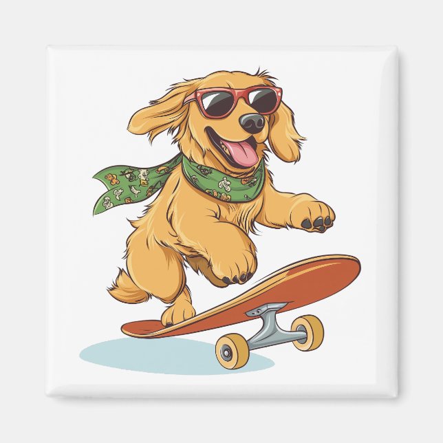 Aimant Chien Retriever doré en skateboard (Devant)