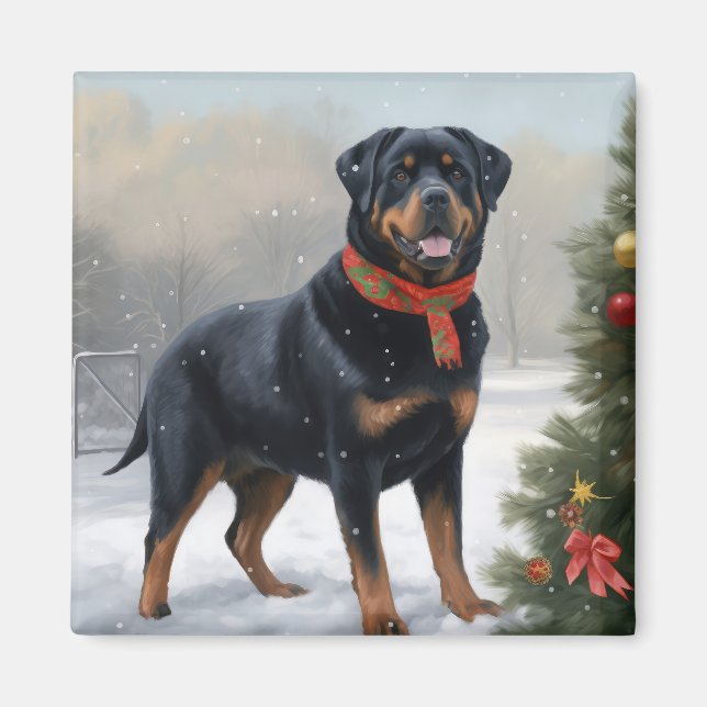 Aimant Chien Rottweiler dans la neige de Noël (Devant)