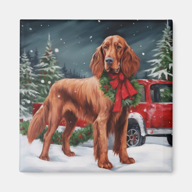 Aimant Chien rouge irlandais à la neige Noël (Devant)