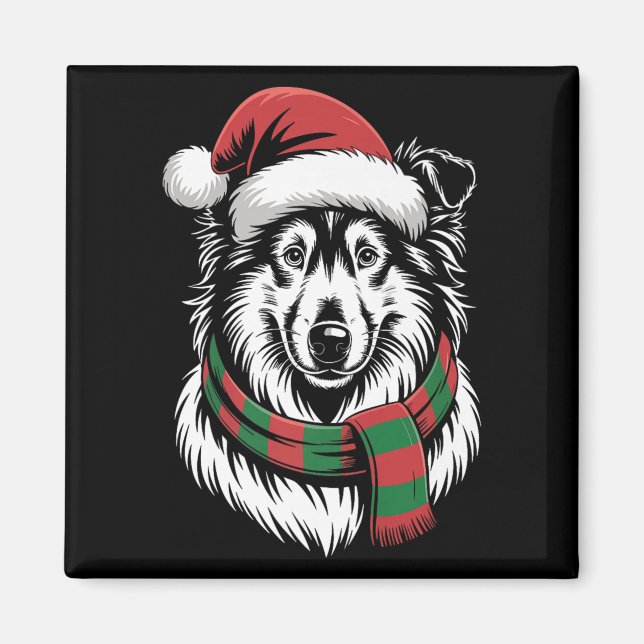 Aimant Chien Rough Collie Noël Chapeau Santa Écharpe Chri (Devant)