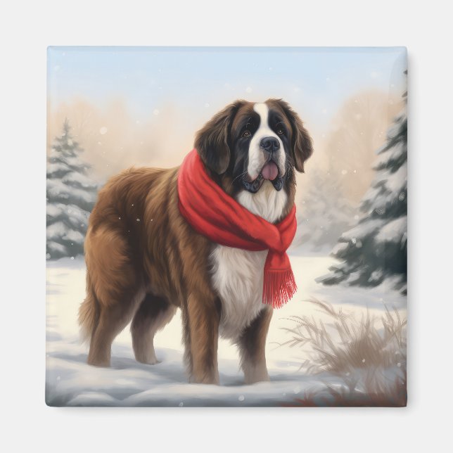 Aimant Chien Saint-Bernard dans la neige de Noël (Devant)