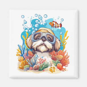 Aimant Chien Shih Tzu en snorkeling sur un récif de corai