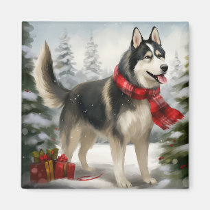 Aimant Chien sibérien Husky à Noël de neige