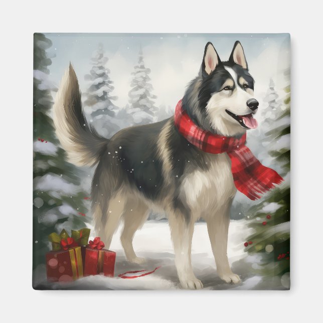 Aimant Chien sibérien Husky à Noël de neige (Devant)