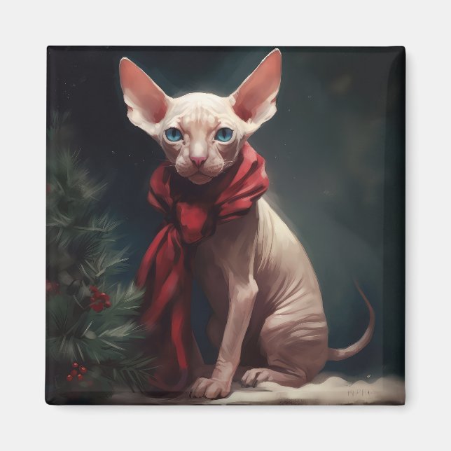 Aimant Chien Sphynx dans la neige de Noël (Devant)