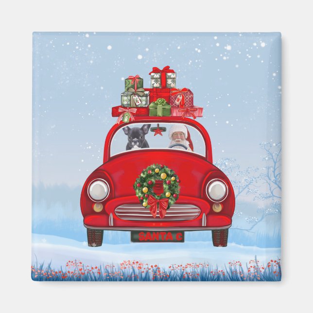 Aimant Chien-taureau français en voiture avec le Père Noë (Devant)