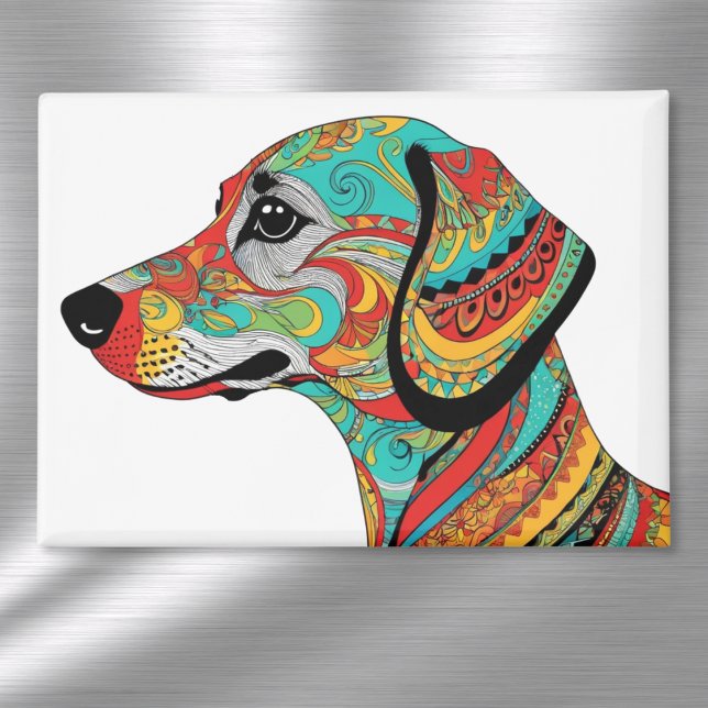 Aimant Chien Teckel Coloré Motif Groovy (A magnet with vibrant illustration of a dachshund in a groovy patterned style)