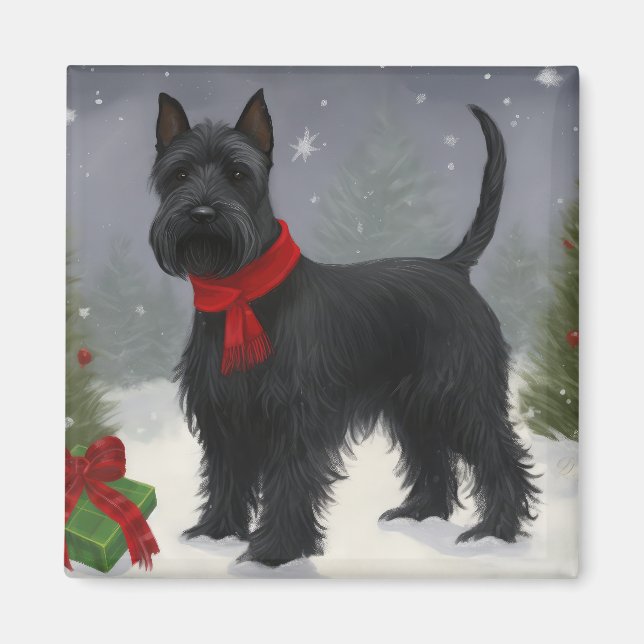 Aimant Chien Terrier Écossais dans la neige de Noël (Devant)
