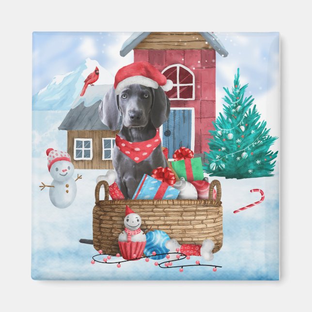 Aimant Chien Weimaraner dans la maison de Noël enneigée (Devant)