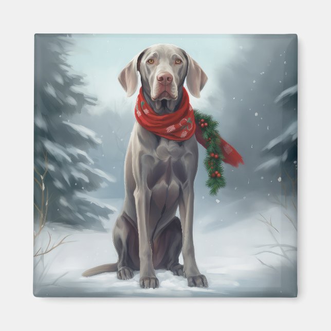 Aimant Chien Weimaraner dans la neige de Noël (Devant)