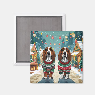 Aimant Chiens Basset Hound Noël Neige Fêtes