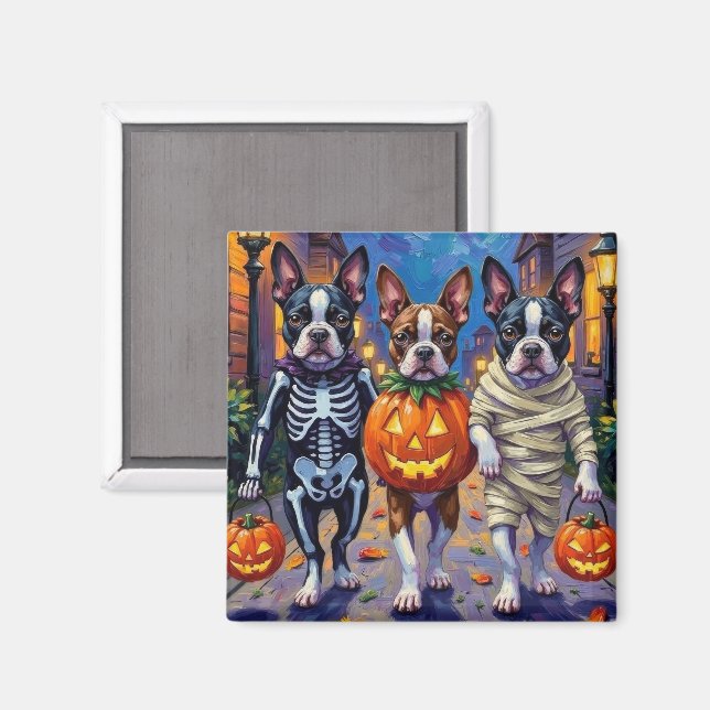 Aimant Chiens Boston Terrier faisant Trick-or-Treating po (Recto/Verso)