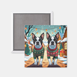 Aimant Chiens Boston Terrier Noël Neige Fêtes