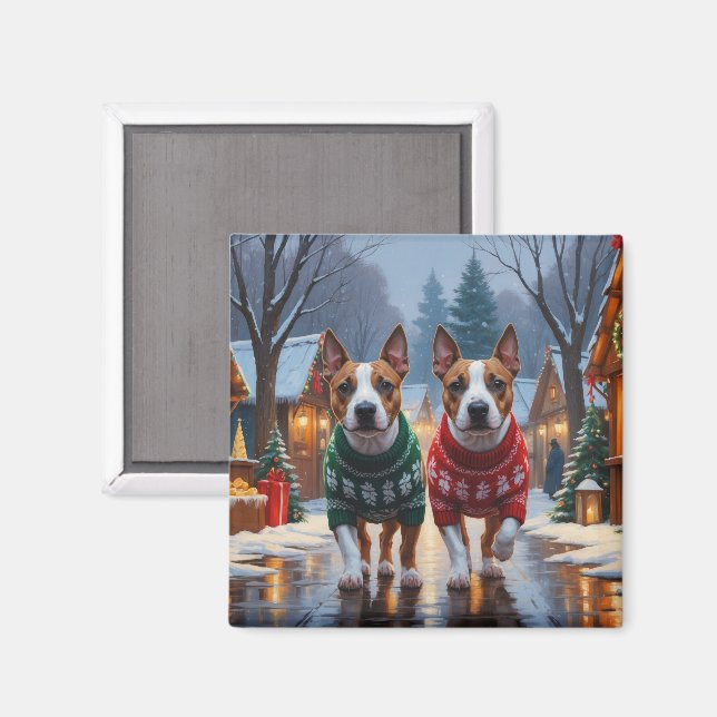 Aimant Chiens Bull Terrier Noël Neige Fêtes (Recto/Verso)