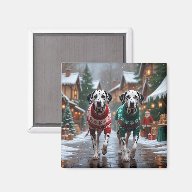 Aimant Chiens Dalmatiens Noël Neige Fêtes  (Recto/Verso)