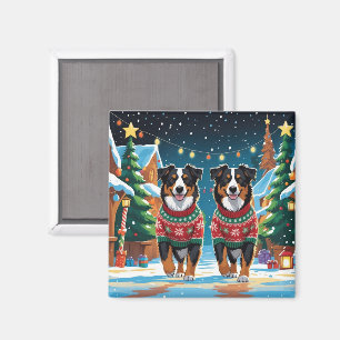 Aimant Chiens de berger australiens Noël Neige Vacances
