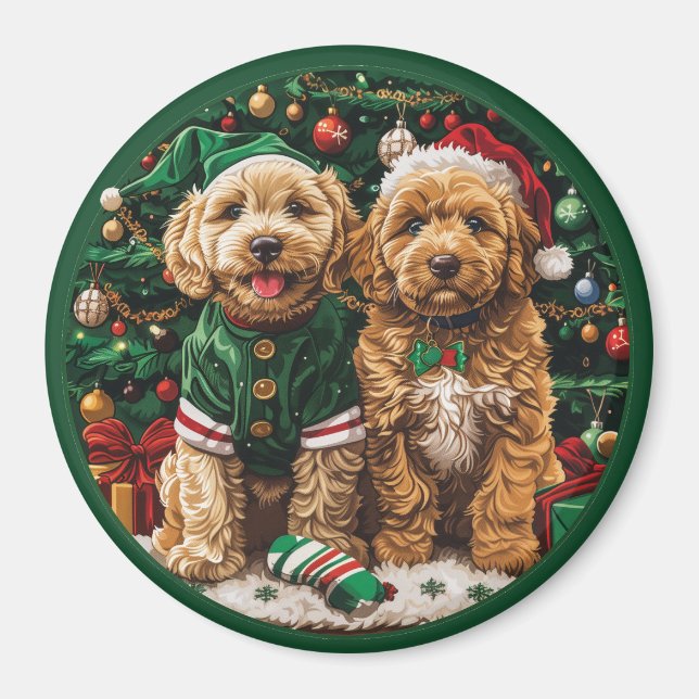 Aimant Chiens de chiot de Noël Goldendoodle (Devant)