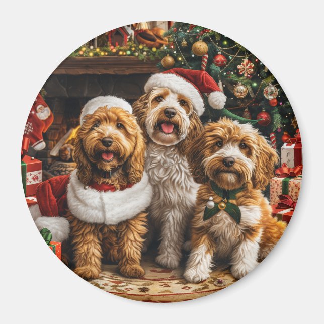 Aimant Chiens de chiot de Noël Goldendoodle (Devant)