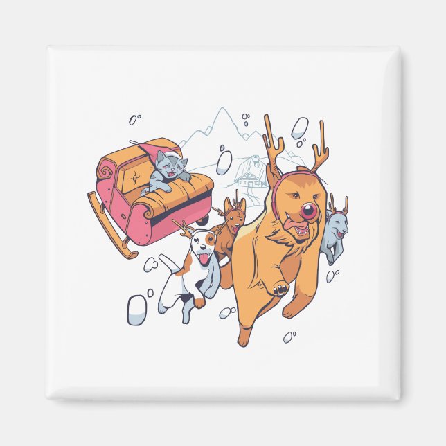 Aimant Chiens de Noël et traîneau de chat (Devant)