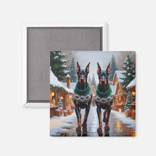 Aimant Chiens Doberman Noël Neige Fêtes (Recto/Verso)