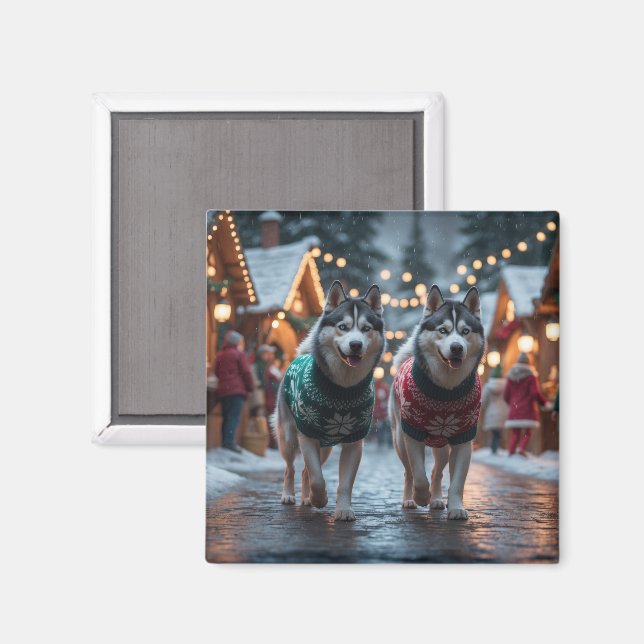 Aimant Chiens Husky Sibérien Noël Neige Vacances  (Recto/Verso)