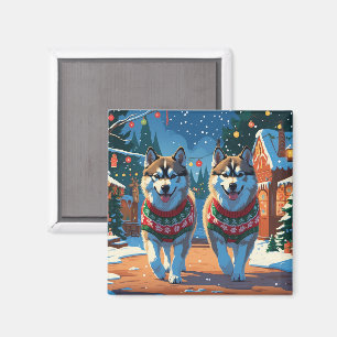 Aimant Chiens Malamute d'Alaska Noël Neige Fêtes