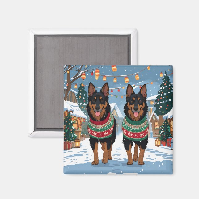 Aimant Chiens Malinois Belges Noël Neige Vacances  (Recto/Verso)