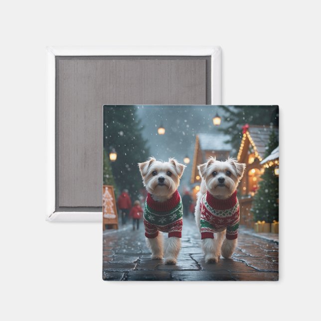 Aimant Chiens Maltais Noël Neige Fêtes (Recto/Verso)