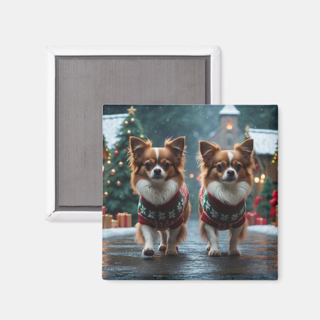 Aimant Chiens Papillon Noël Neige Fêtes (Recto/Verso)