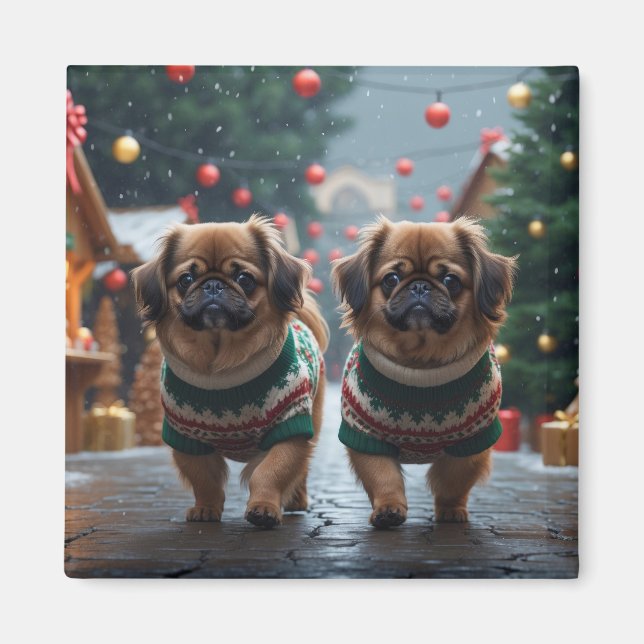 Aimant Chiens Pékinois Noël Neige Vacances (Devant)