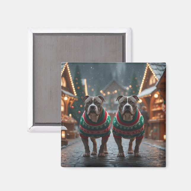 Aimant Chiens Pitbull Noël Neige Fêtes (Recto/Verso)