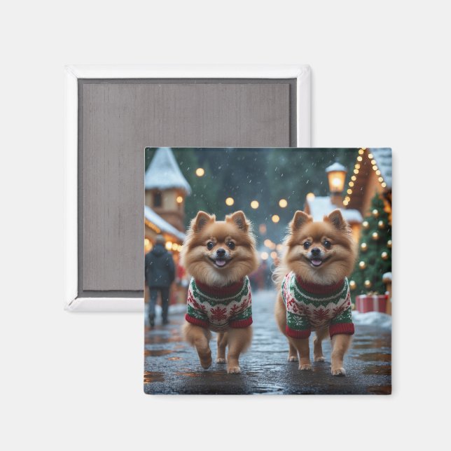 Aimant Chiens Poméraniens Noël Neige Vacances  (Recto/Verso)