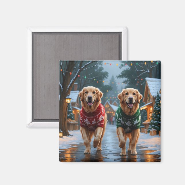 Aimant Chiens Retriever doré Noël Neige Fêtes (Recto/Verso)
