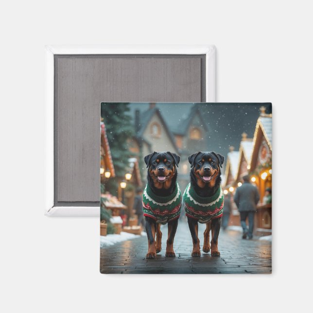 Aimant Chiens Rottweiler Noël Neige Fêtes (Recto/Verso)