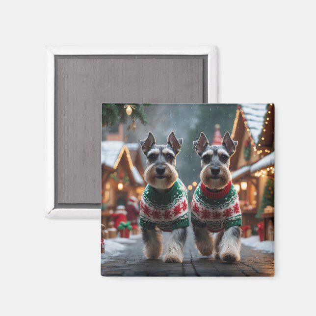 Aimant Chiens Schnauzer Noël Neige Fêtes  (Recto/Verso)