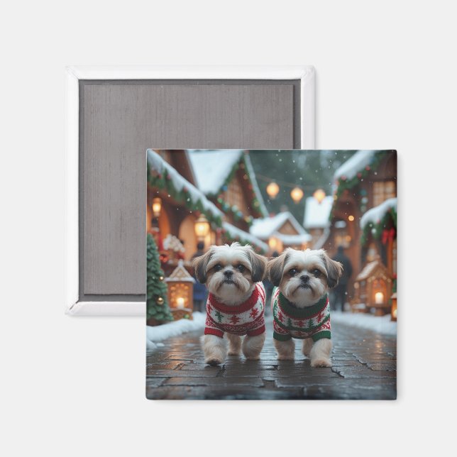 Aimant Chiens Shih Tzu Noël Neige Vacances (Recto/Verso)