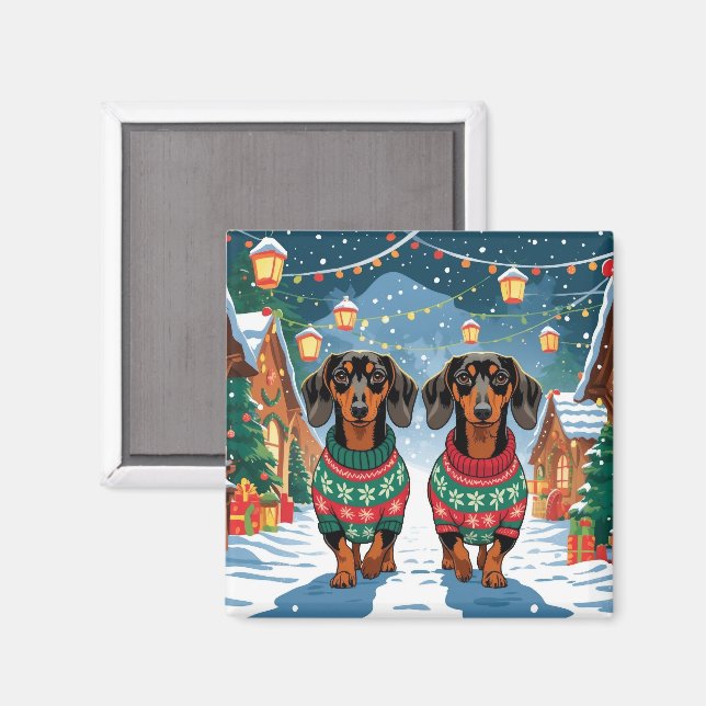 Aimant Chiens teckel Noël Neige Fêtes (Recto/Verso)