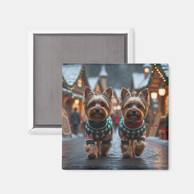 Aimant Chiens Yorkshire Terrier Noël Neige Fêtes  (Recto/Verso)